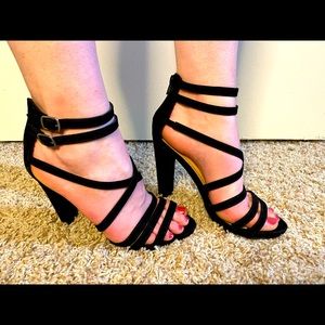 Justfab Strappy black thick high heels.